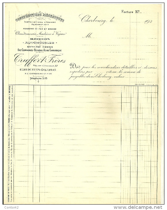 50 CHERBOURG FACTURE CONSTRUCTIONS MECANIQUES MOTEURS AUTOMOBILES FONDERIE FER BRONZE TRUFFERT - 1900 – 1949