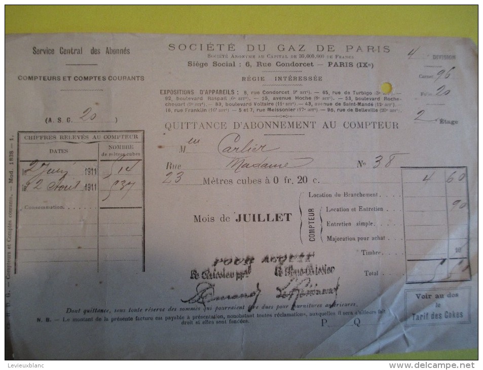 Quittance D'Abonnement Au Compteur/Société Du Gaz De Paris /1911    GEF2 - Elektrizität & Gas