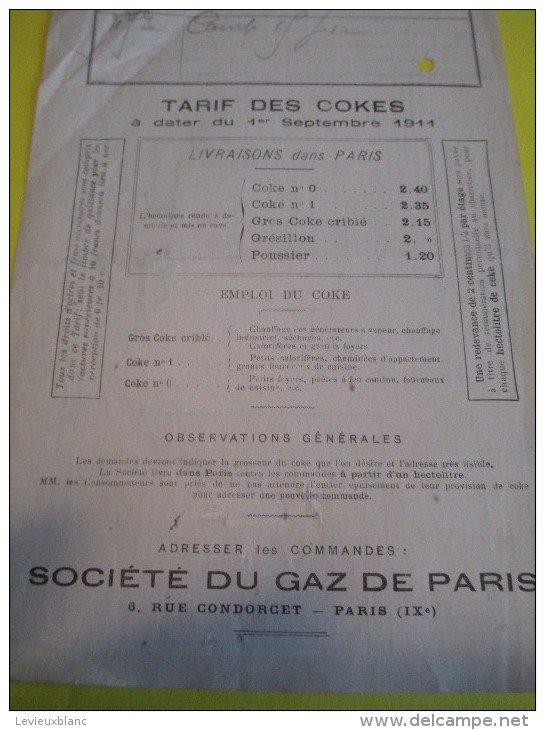 Quittance D'Abonnement Au Compteur/Société Du Gaz De Paris /1911    GEF2 - Elektrizität & Gas