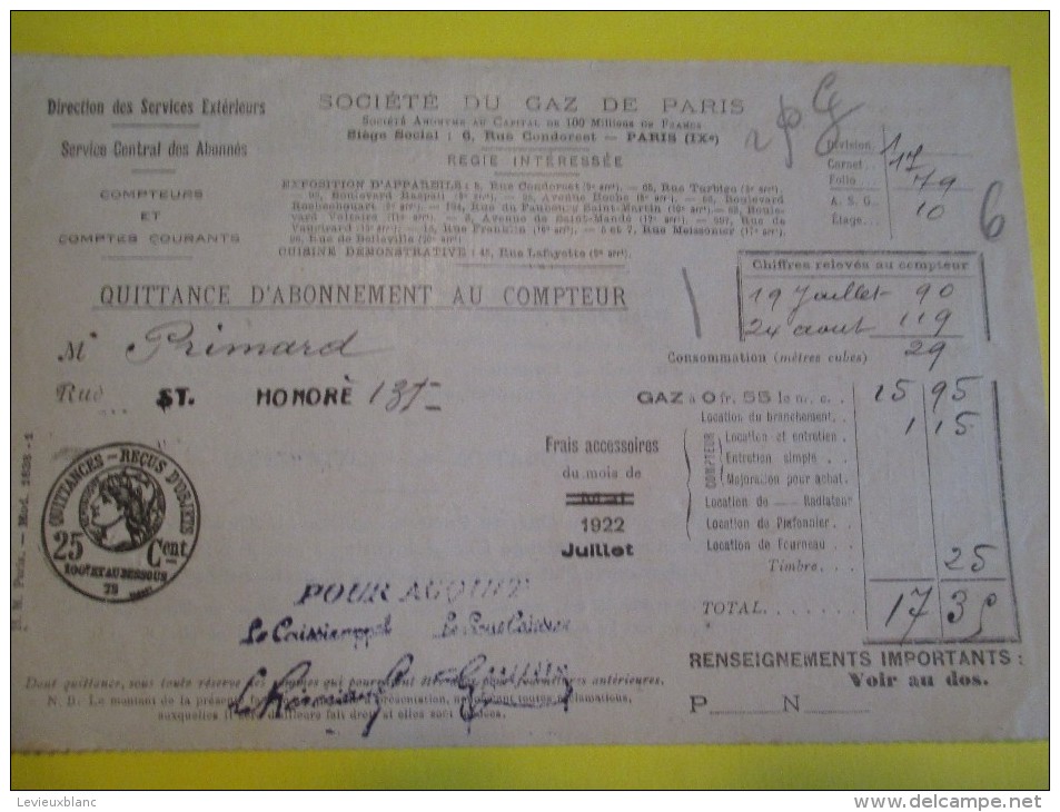 Quittance D´Abonnement Au Compteur/Société Du Gaz De Paris /1922    GEF5 - Electricité & Gaz