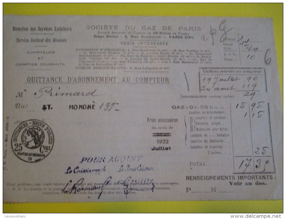 Quittance D´Abonnement Au Compteur/Société Du Gaz De Paris /1922    GEF5 - Elektriciteit En Gas