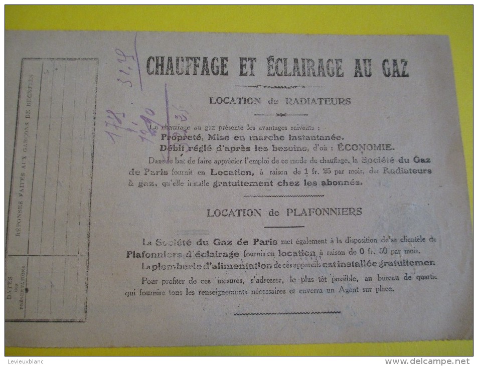 Quittance D´Abonnement Au Compteur/Société Du Gaz De Paris /1922    GEF5 - Elektrizität & Gas