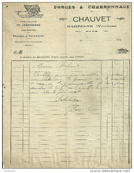84 SARRIANS FACTURE FORGES CHARRONNAGE PRESSES A FOURRAGES CHAUVET VAUCLUSE - 1900 – 1949