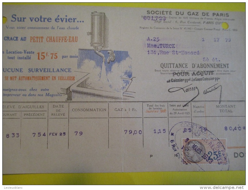 Quittance D´Abonnement / Société Du Gaz De Paris/ Publicité Félix Potin/1933         GEF8 - Electricidad & Gas