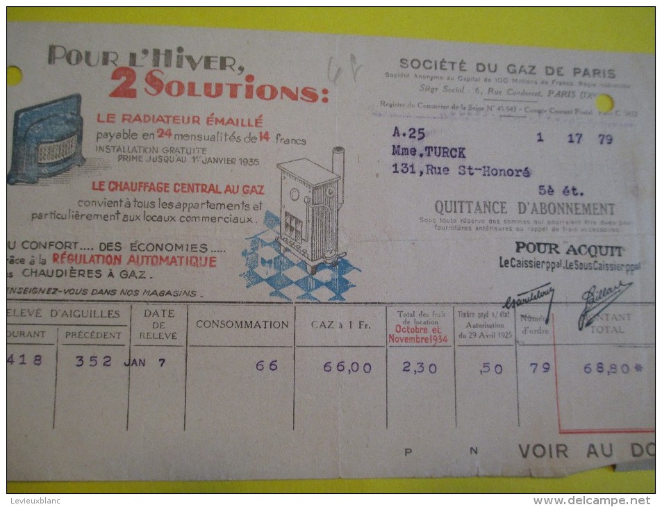 Quittance D´Abonnement / Société Du Gaz De Paris/ 1934         GEF14 - Elettricità & Gas