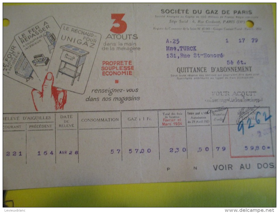 Quittance D´Abonnement / Société Du Gaz De Paris/ 1934         GEF16 - Elektriciteit En Gas