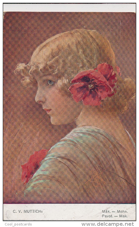 MUTTICH,  BEAUTIFUL YOUNG GIRL WITH POPPIES PORTRAIT, POPPY, EX Cond. PC, Used 1917 - Muttich, C.V.