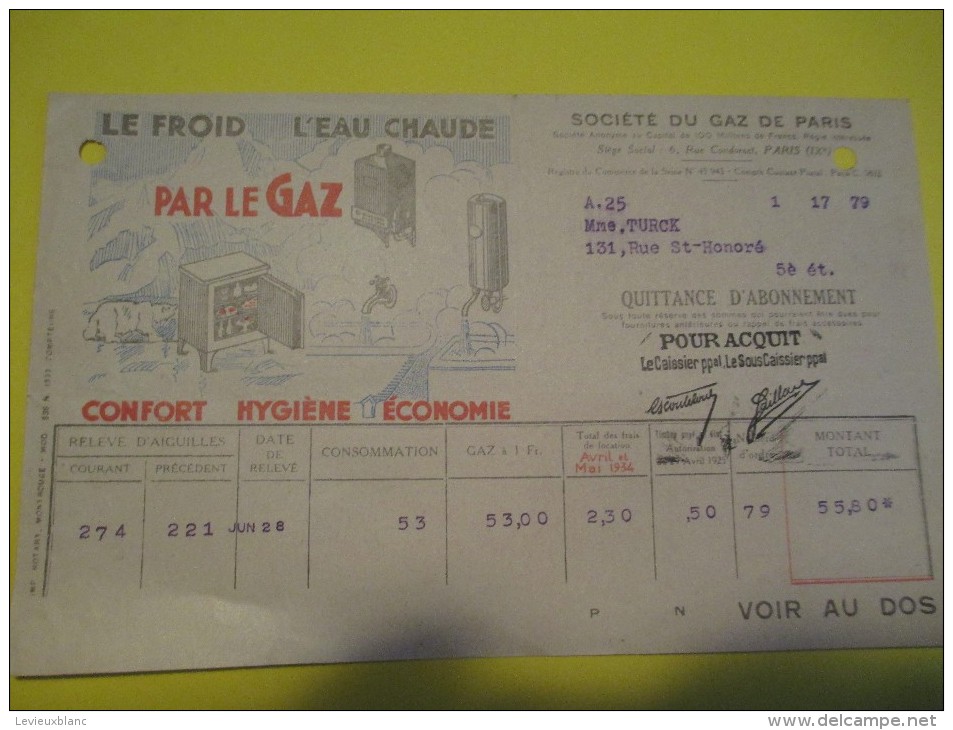 Quittance D´Abonnement / Société Du Gaz De Paris/ 1934         GEF22 - Elektriciteit En Gas