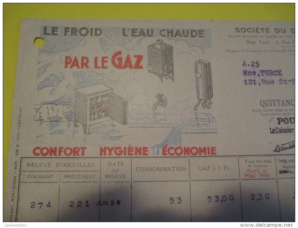 Quittance D´Abonnement / Société Du Gaz De Paris/ 1934         GEF22 - Electricité & Gaz