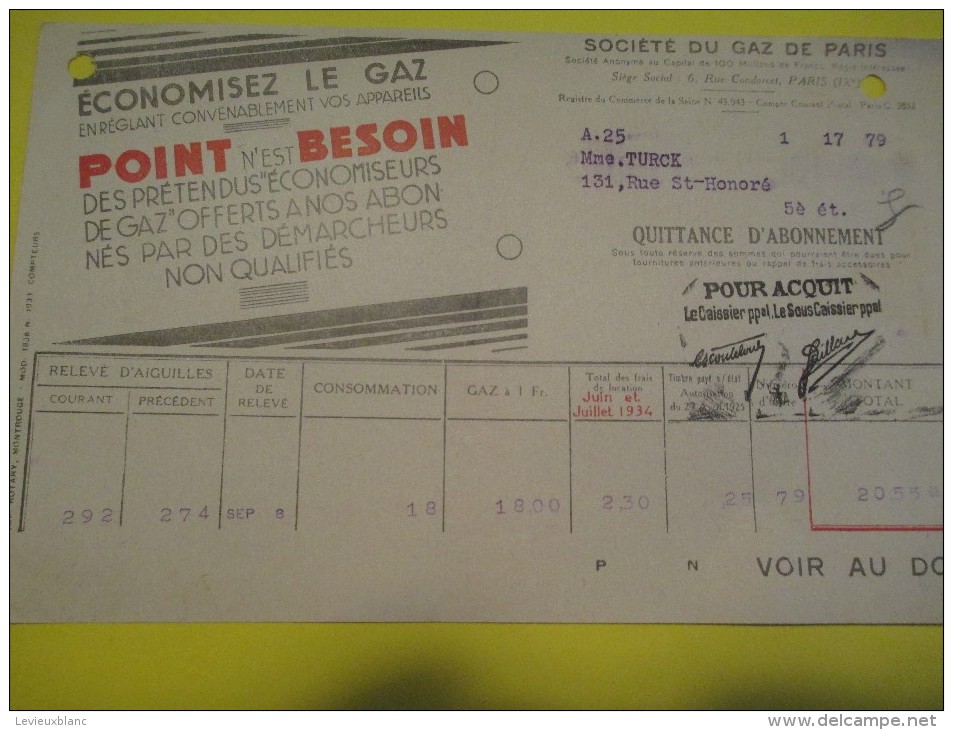 Quittance D´Abonnement / Société Du Gaz De Paris/ 1934         GEF23 - Elektriciteit En Gas