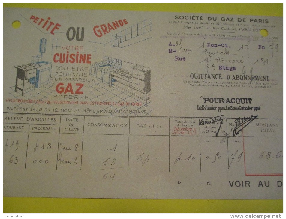 Quittance D´Abonnement / Société Du Gaz De Paris/ 1935       GEF26 - Electricidad & Gas