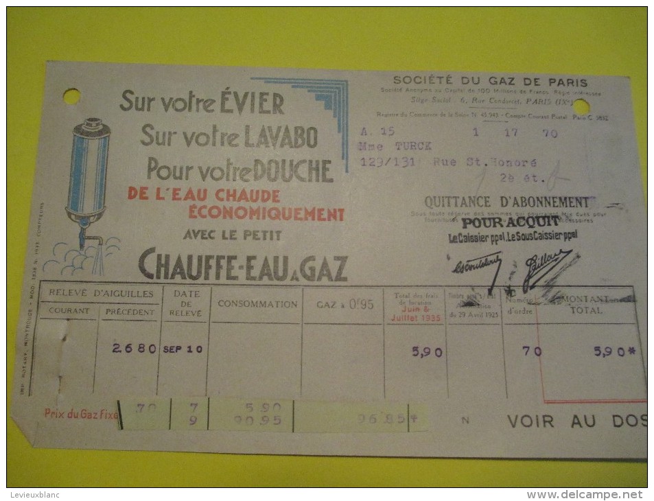 Quittance D´Abonnement / Société Du Gaz De Paris/ 1935       GEF30 - Elettricità & Gas