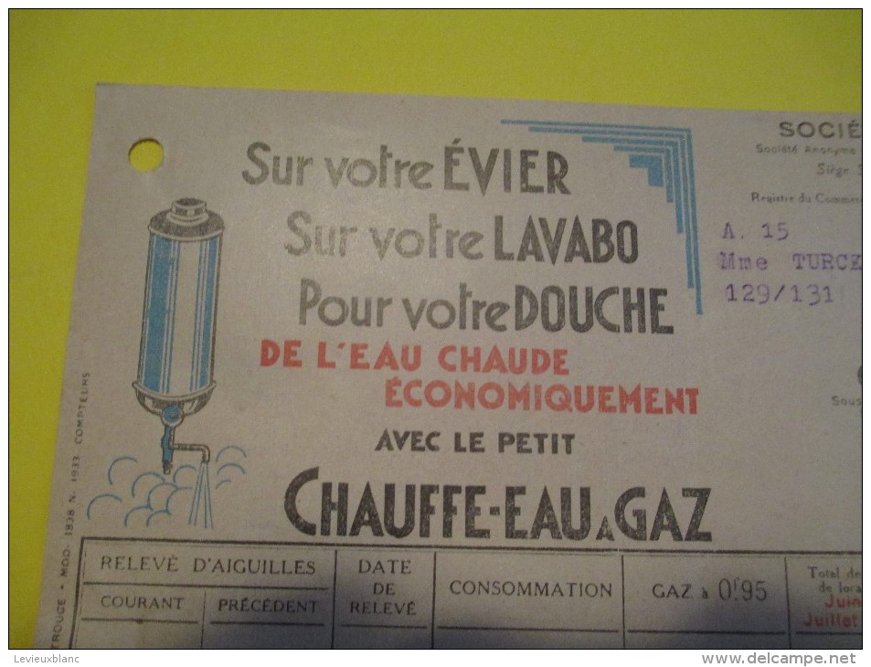 Quittance D´Abonnement / Société Du Gaz De Paris/ 1935       GEF30 - Elettricità & Gas