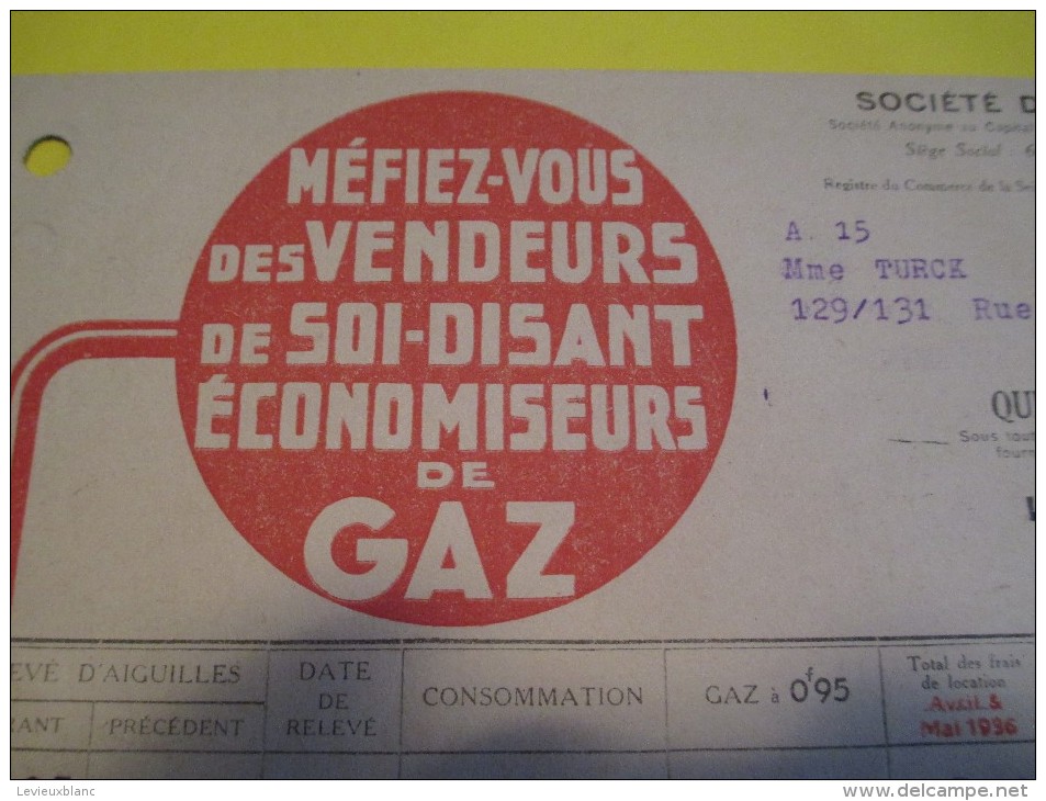 Quittance D´Abonnement / Société Du Gaz De Paris/ 1935       GEF35 - Elektriciteit En Gas