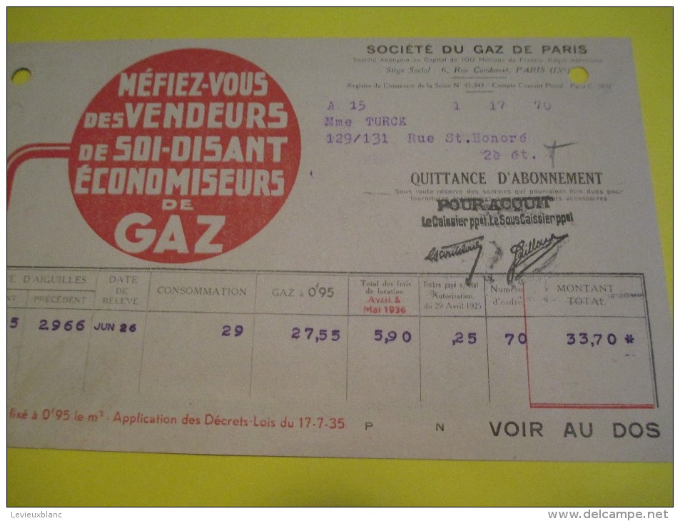 Quittance D´Abonnement / Société Du Gaz De Paris/ 1935       GEF35 - Elettricità & Gas