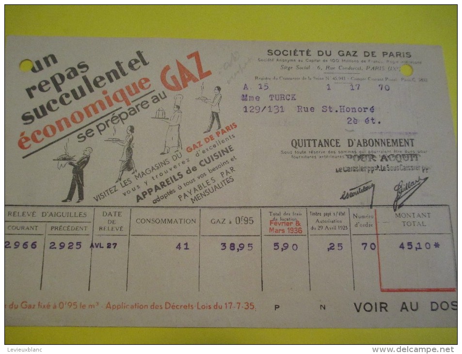 Quittance D´Abonnement / Société Du Gaz De Paris/ 1935       GEF38 - Elektriciteit En Gas