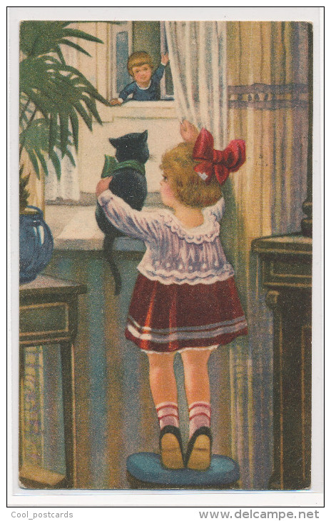 CHILDREN, LITTLE GIRL WITH  BLACK CAT BY THE WINDOW, BOY WAVING TO THEM, VF Cond. PC, Used 1920s - Schilbach