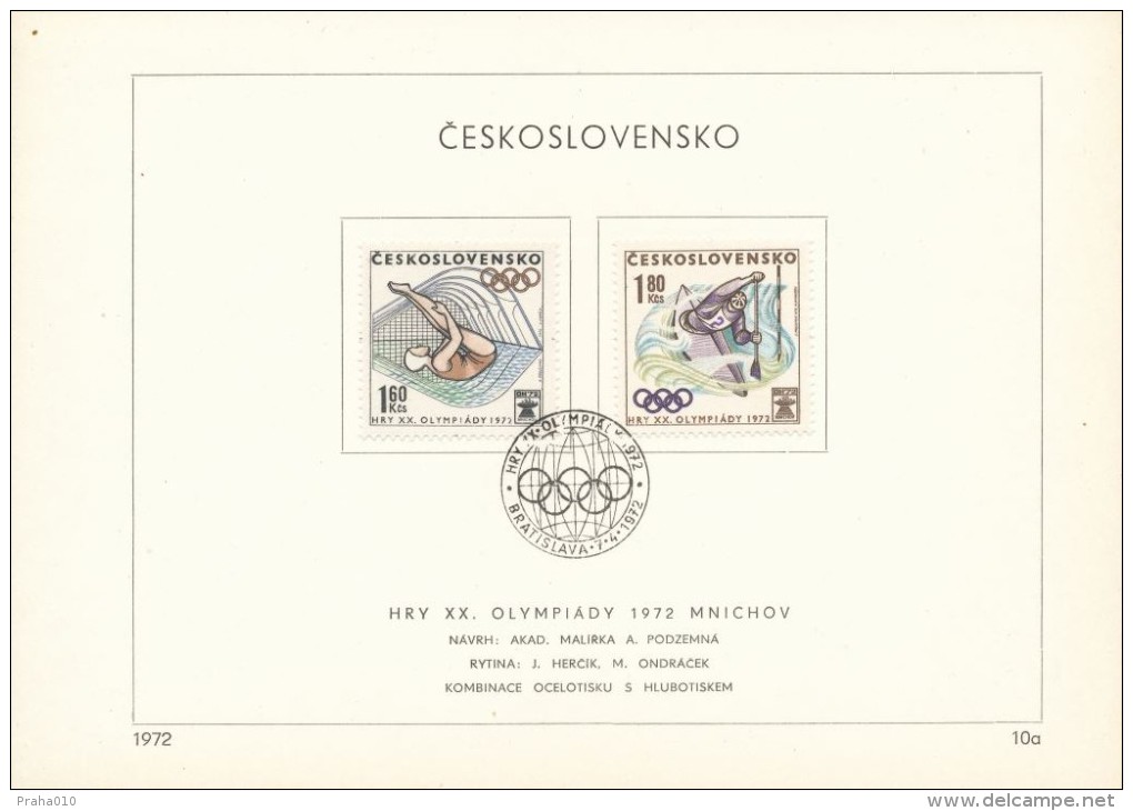 Czechoslovakia / First Day Sheet (1972/10a) Bratislava: Olympic Games 1972 Munich (diving, Canoeing) - Immersione