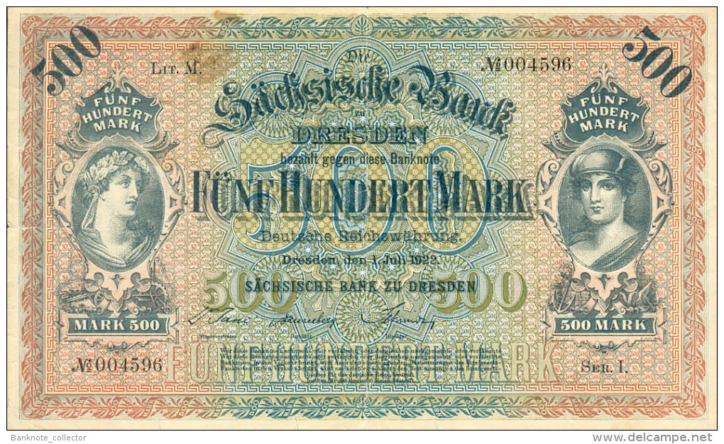 Deutschland, Germany, Sächsische Bank - 500 Mark,  ( Ro.: SAX 10 A, LIT. M., Ser. I ) VF, 1922 ! - Collezioni