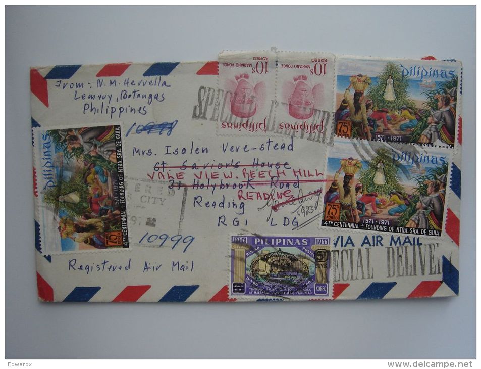 Philippines 1972 SPECIAL DELIVERY Registered Airmail Commercial Cover To UK Nice Stamps - Philippines