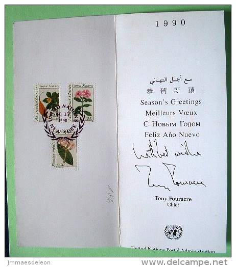 United Nations New York (USA) 1990 Flowers From UN New York Geneva And Viena - Special Cancel On Greeting Card - Emisiones Comunes New York/Ginebra/Vienna