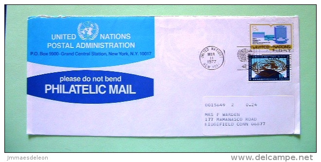 United Nations New York (USA) 1977 FDC Cover To Ridgefield - Building - Earth Globe And Emblem - Censor On Back - Briefe U. Dokumente