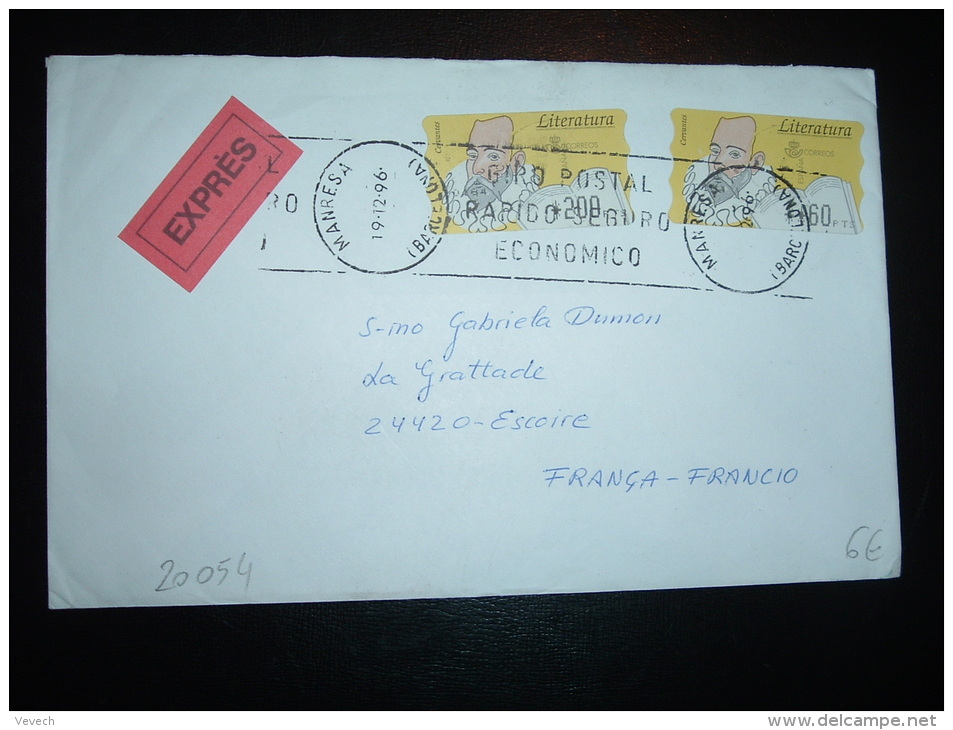 LETTRE PAR EXPRES POUR LA FRANCE VIGNETTES LITERATURA 200 PTS + 60 PTS OBL.MEC. 19-12-96 MANRESA - Briefe U. Dokumente