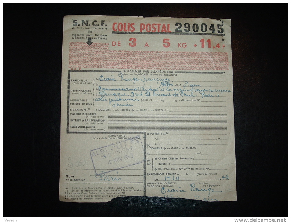 SNCF COLIS POSTAL DE 3 A 5 KG 11,4F + CACHET ALBI VILLE PV SUD-OUEST 19 NOV 1943 - Lettres & Documents