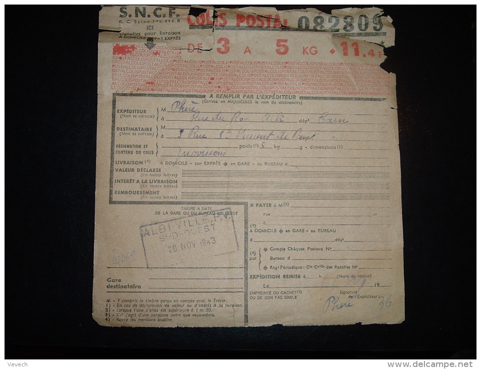 SNCF COLIS POSTAL DE 3 A 5 KG 11,4F + CACHET ALBI VILLE PV SUD-OUEST 20 NOV 1943 - Brieven & Documenten