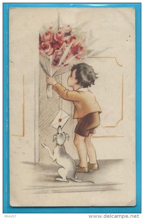 C.P.A. Enfants Et Chien - Bouquet De Fleurs - Humorous Cards