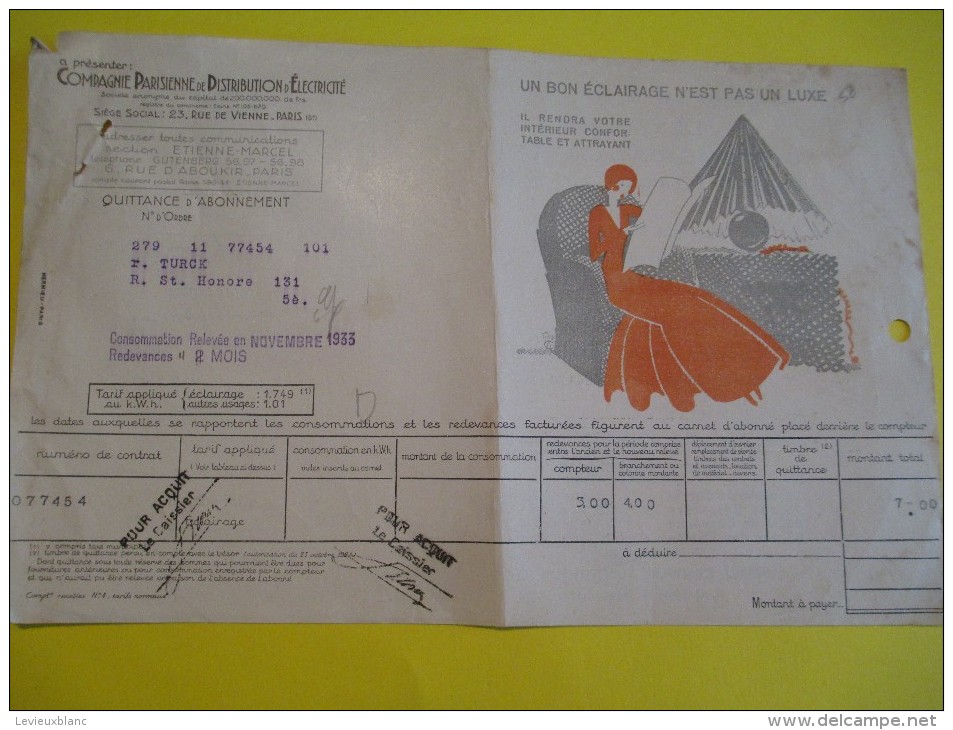 Quittance D'électricité/ Compagnie Parisienne De Distribution D'Electricité/Eclairage/ 1933  GEF9 - Elektriciteit En Gas