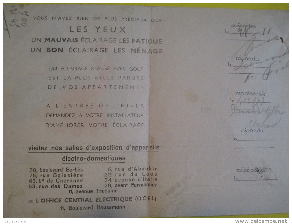 Quittance D'électricité/ Compagnie Parisienne De Distribution D'Electricité/Eclairage/ 1933  GEF9 - Electricidad & Gas