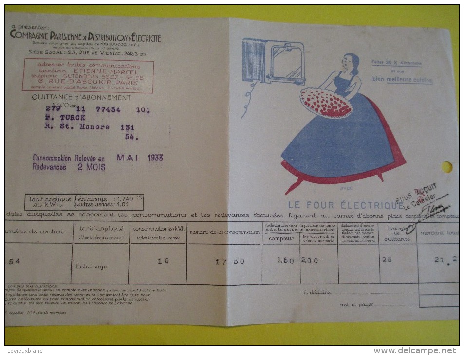 Quittance D´électricité/ Compagnie Parisienne De Distribution D´Electricité/Four électrique/ 1933  GEF11 - Elektriciteit En Gas