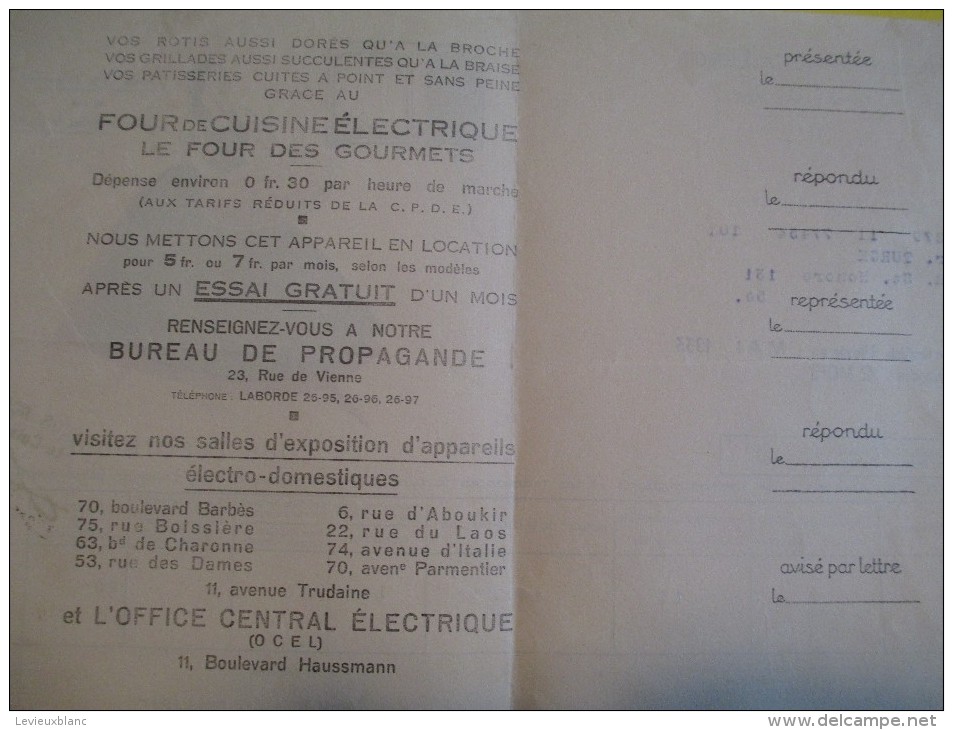 Quittance D´électricité/ Compagnie Parisienne De Distribution D´Electricité/Four électrique/ 1933  GEF11 - Elektrizität & Gas