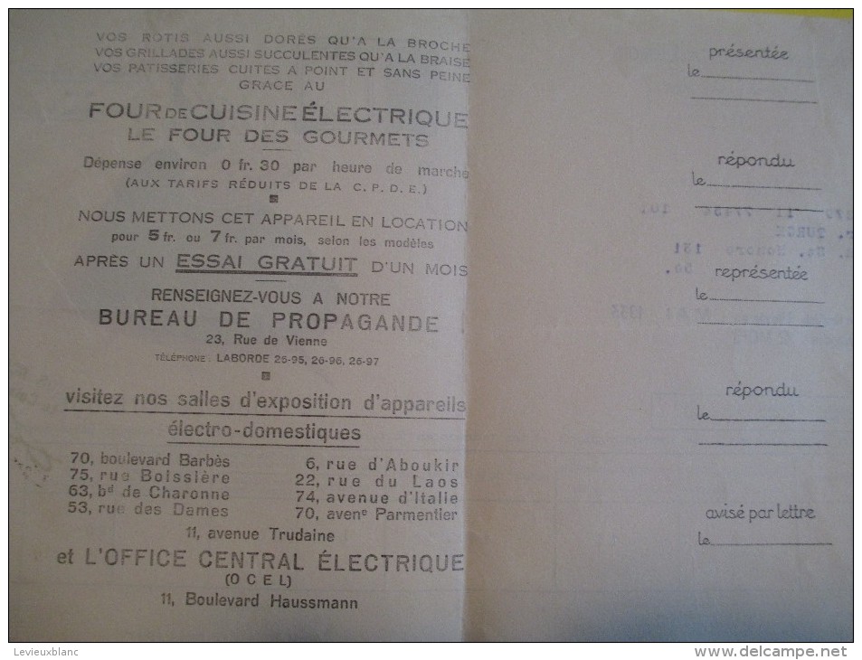Quittance D´électricité/ Compagnie Parisienne De Distribution D´Electricité/Four électrique/ 1933  GEF11 - Elektriciteit En Gas