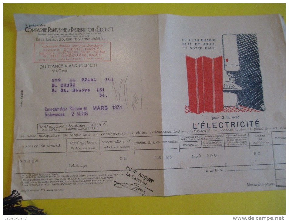 Quittance D´électricité/ Compagnie Parisienne De Distribution D´Electricité/Electricité/ 1934  GEF17 - Elektrizität & Gas