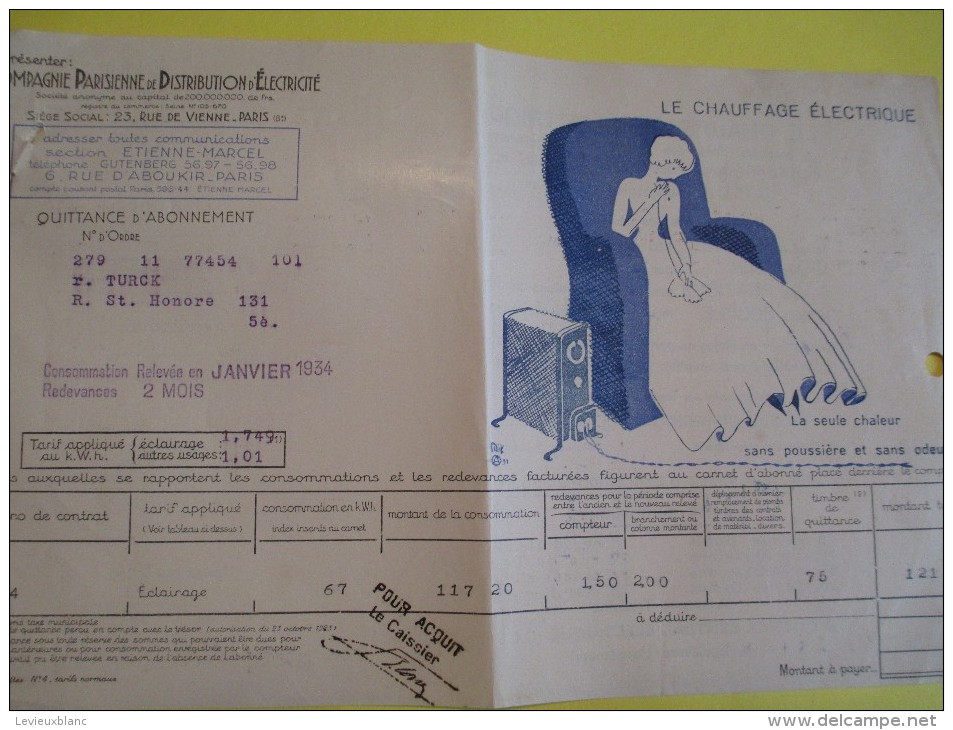 Quittance D´électricité/ Compagnie Parisienne De Distribution D´Electricité/Chauffage électrique/ 1934  GEF18 - Elektriciteit En Gas