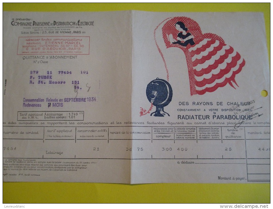 Quittance D´électricité/ Compagnie Parisienne De Distribution D´Electricité/Radiateur Parabolique/ 1934  GEF19 - Electricity & Gas