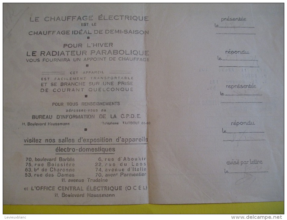 Quittance D´électricité/ Compagnie Parisienne De Distribution D´Electricité/Radiateur Parabolique/ 1934  GEF19 - Electricité & Gaz