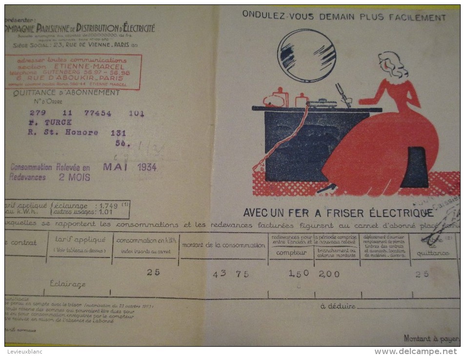 Quittance D´électricité/ Compagnie Parisienne De Distribution D´Electricité/Fer à Friser électrique/ 1934  GEF20 - Elektriciteit En Gas