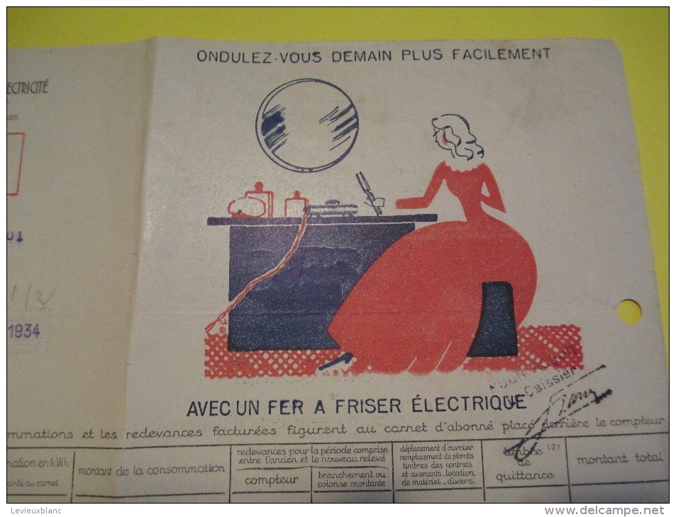 Quittance D´électricité/ Compagnie Parisienne De Distribution D´Electricité/Fer à Friser électrique/ 1934  GEF20 - Electricidad & Gas