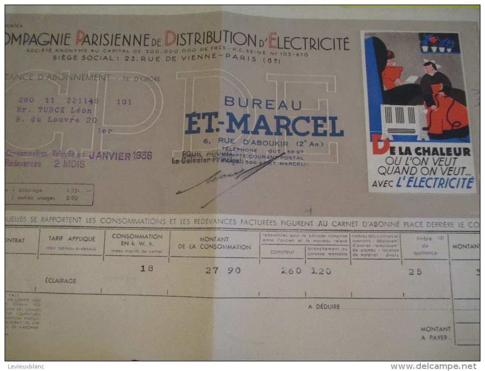 Quittance D´électricité/ Compagnie Parisienne De Distribution D´Electricité/De La Chaleur/ 1936  GEF37 - Electricity & Gas