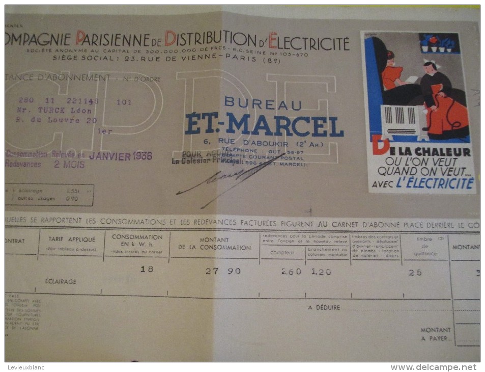 Quittance D´électricité/ Compagnie Parisienne De Distribution D´Electricité/De La Chaleur/ 1936  GEF37 - Elektriciteit En Gas