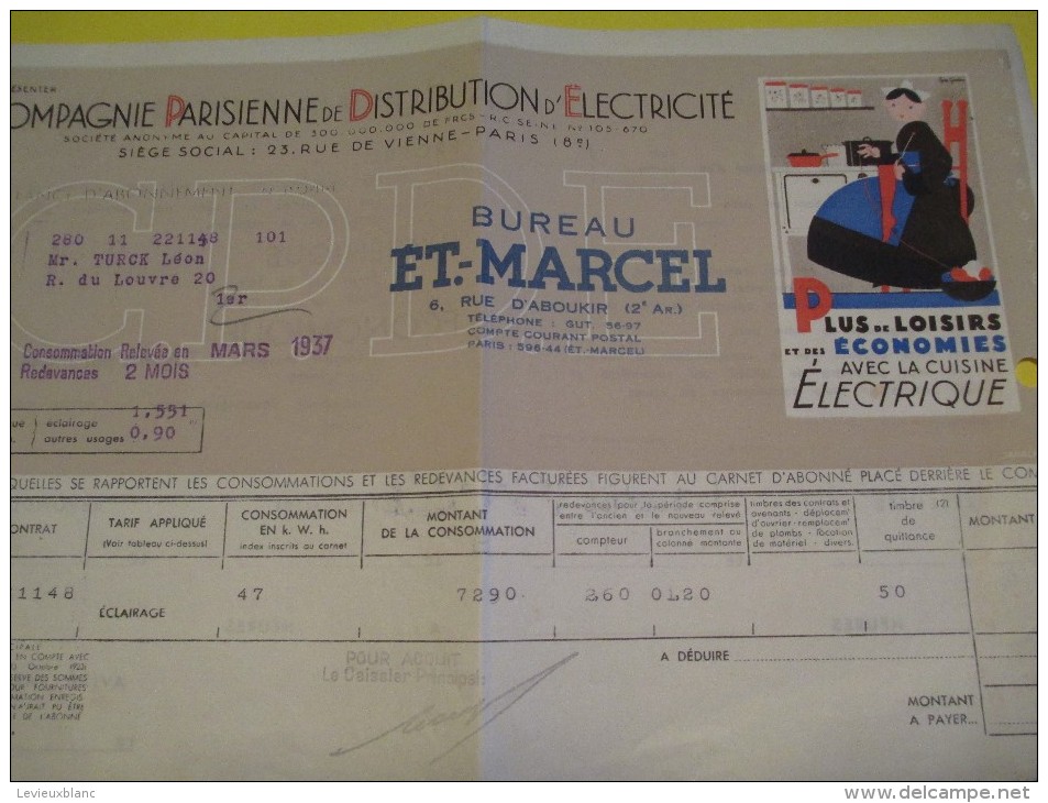 Quittance D´électricité/ Compagnie Parisienne De Distribution D´Electricité/Cuisine électrique/ 1937  GEF40 - Electricité & Gaz