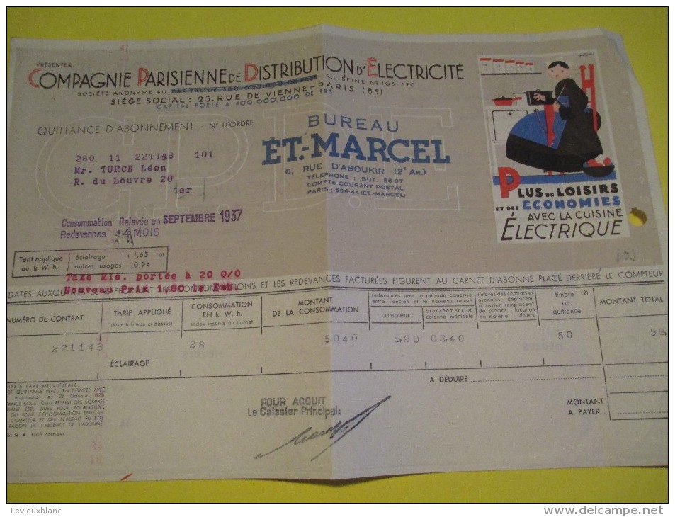 Quittance D´électricité/ Compagnie Parisienne De Distribution D´Electricité/Cuisine électrique/ 1937  GEF42 - Elektriciteit En Gas