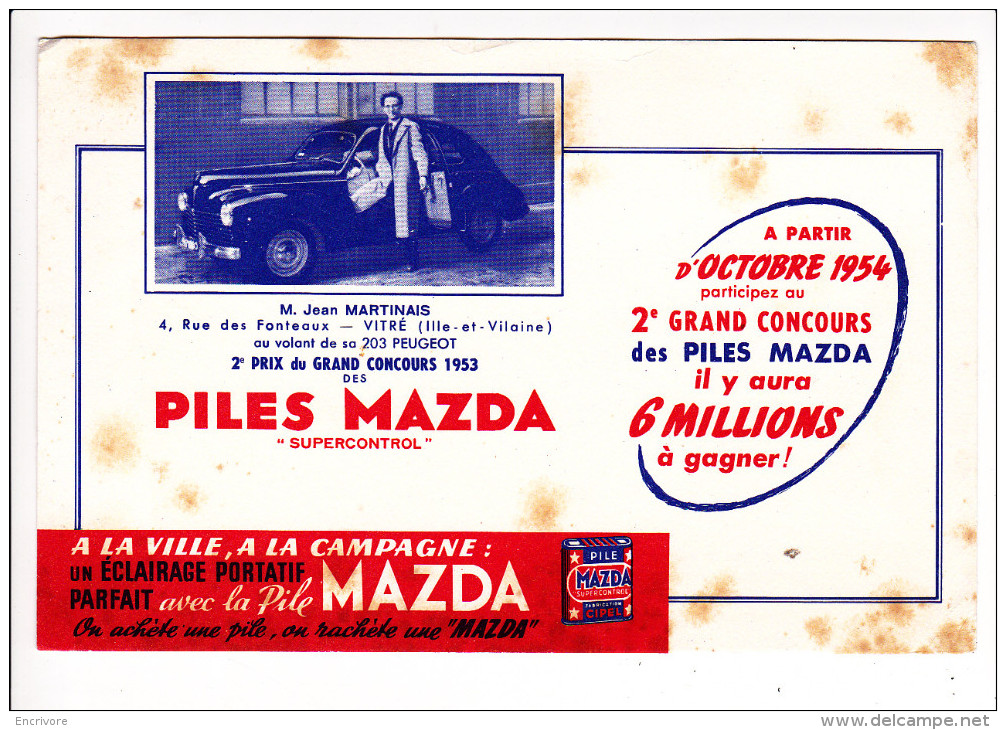 Buvard Piles MAZDA Concours 203 Peugeot Martinais Vitre - Piles