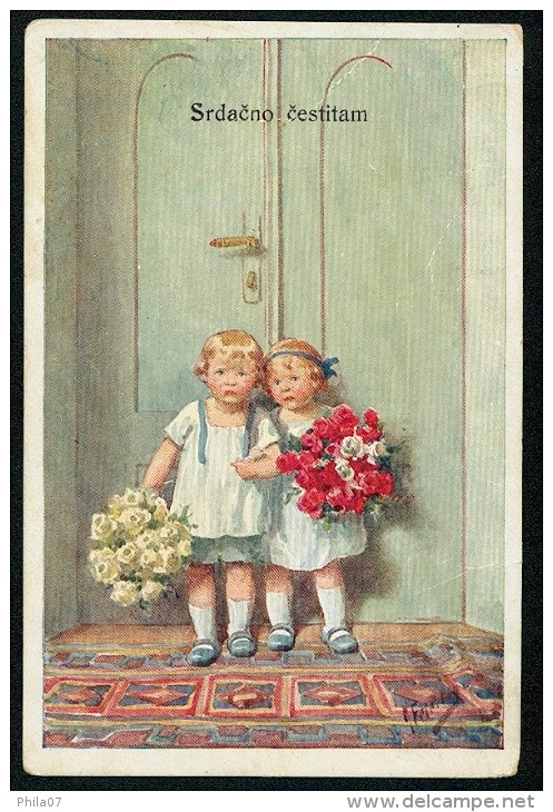 Feiertag, K. - Srdacno Cestitam! - Boy, Girl, Flowers - B.K.W.I. 142-6 ------- Postcard Traveled - Feiertag, Karl