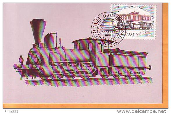 Yugoslavia 1984 Y Official Max C. Trains Railway 100th Ann. Beograd-Nis Mi No 2044 Postmark Beograd 09.04. - Cartes-maximum