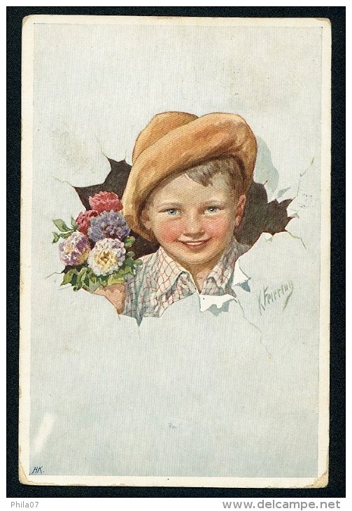 Feiertag, K. - Boy, Flowers, Hat - B.K.W.I. 803-5 ------- Postcard Traveled - Feiertag, Karl