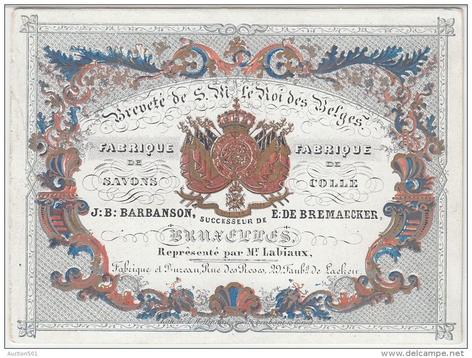 20977Mg Carte Porcelaine FABRIQUE De SAVONS Et COLLE - J:B: BARBANSON - E:DE BREMAECKER - Rue Des Roses 29 - Laeken 12x9 - Visitekaartjes